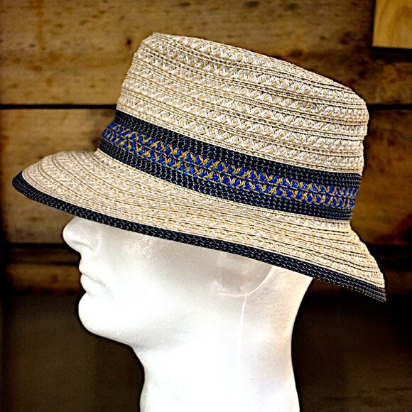 Eric Javits Women's Big Deal Squishee Straw Fedora Hat Blue Tan UPF 50+ - Picture 1 of 8